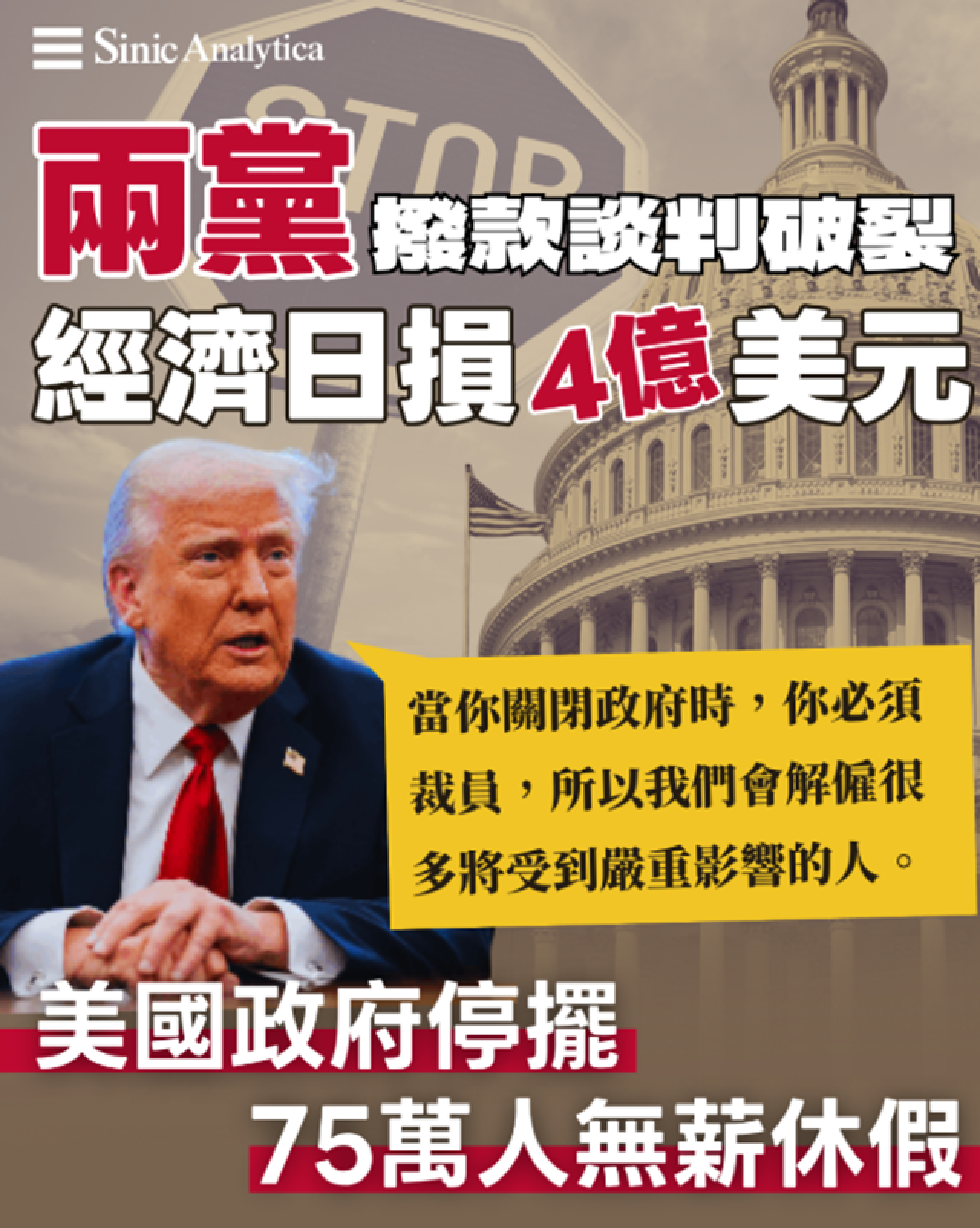 【免費新聞試閱】美國政府停擺75萬人無薪休假　兩黨撥款談判破裂經濟日損4億美元